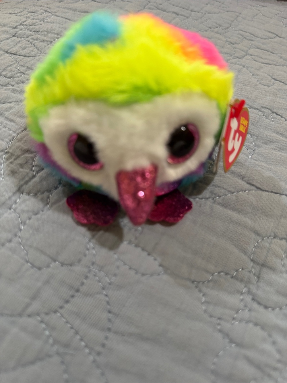 Ty Multicolor Rainbow Beanie Boos Plush Owl with Sparkly Pink Beak & Feet